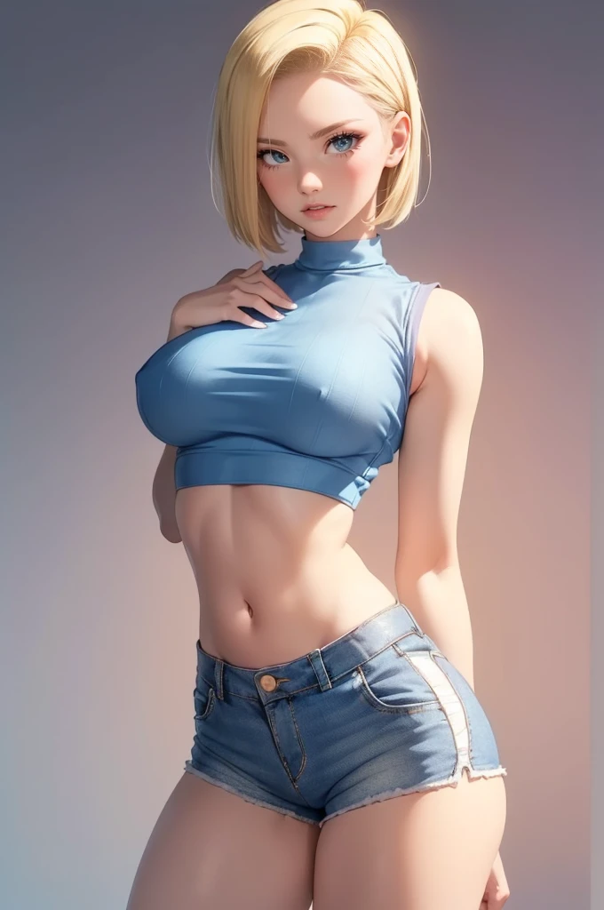 (masterpiece, best quality, cinematic, photorealistic, ultra-detailed), (1girl, Android 18), (wide shot, from the front:1.4), (wearing a body fitted crop top and very short and fitted cotton shorts:1.5), (short blonde hair:1.5), perfect hands, perfect face, (wide hips, long round legs, sexy legs, round ass), (underboobs, massive natural tits:1.2), (blue eyes, soft and shimmery eyeshadows, detailed pupils, defined eyelashes), (blushing, slightly parted lips, nude lips:1.2), (gradient background:1.3), (moaning face expression, arroused:1.4), (standing sensually:1.5)