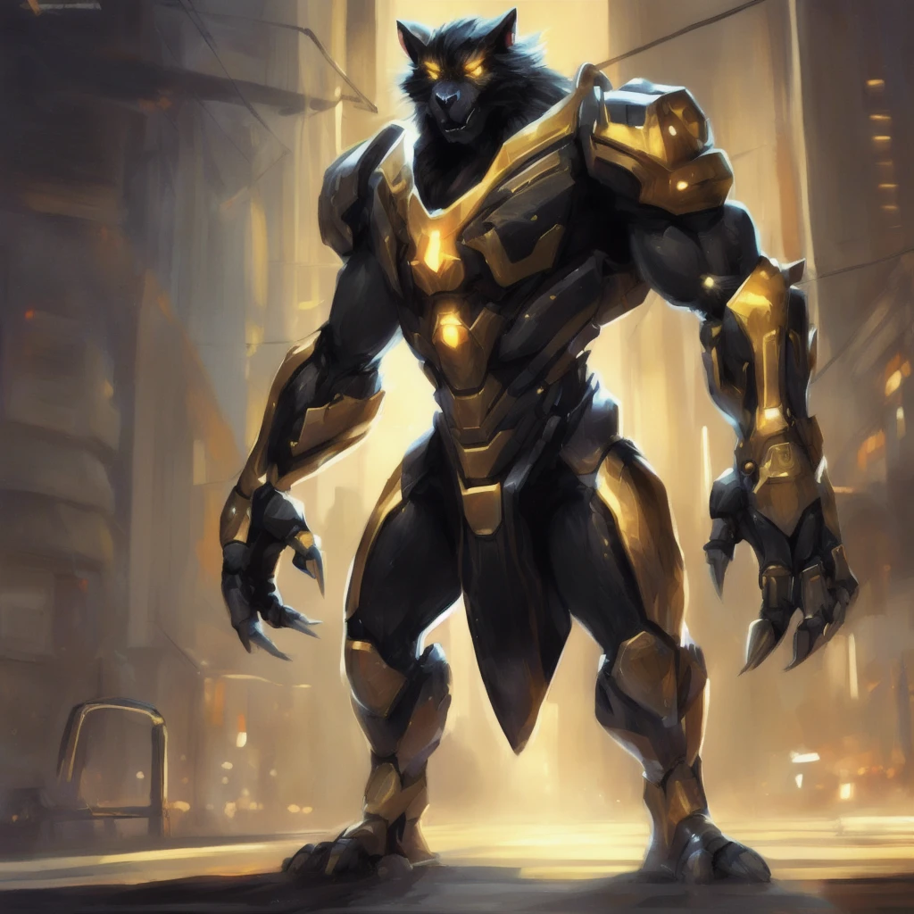 (Solo Furry humanoid yiff Protogen) Dark black silky shiny fur, organic black body and legs, sleek black protogen mask protogen visor protogen face with shiny golden accents, golden glowing bright eyes, pointy ears, black and gold cybernetic robot arms, golden sharp claws, cybernetic long hairless black and gold tail, muscular large full round pecs, muscular large full broad shoulders, large muscular full wide back, muscular large full legs, muscular large cybernetic robotic arms and hands, athletic build, 8 pack abs, V-taper body, in bedroom at night, neutral pose, tall, long limbs