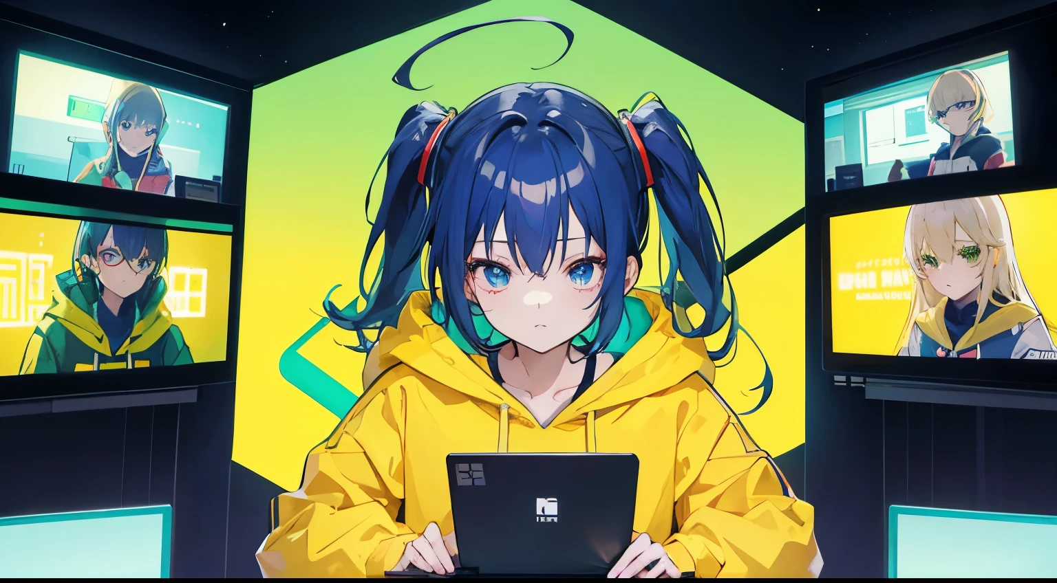 geeky smart anime cute girl talking wearing a yellow hoodie.he is sitting behind a laptop and microphone,looking left to camera,left centered character portrait,character in middle,cool background with red,green and blue lights,square big screen showing anime wallpapers on right side