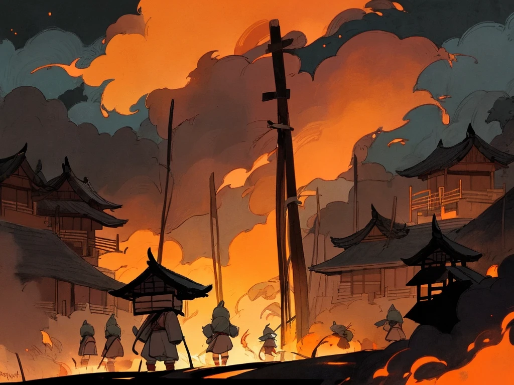 A lot of samurais standing front. burning village background, night