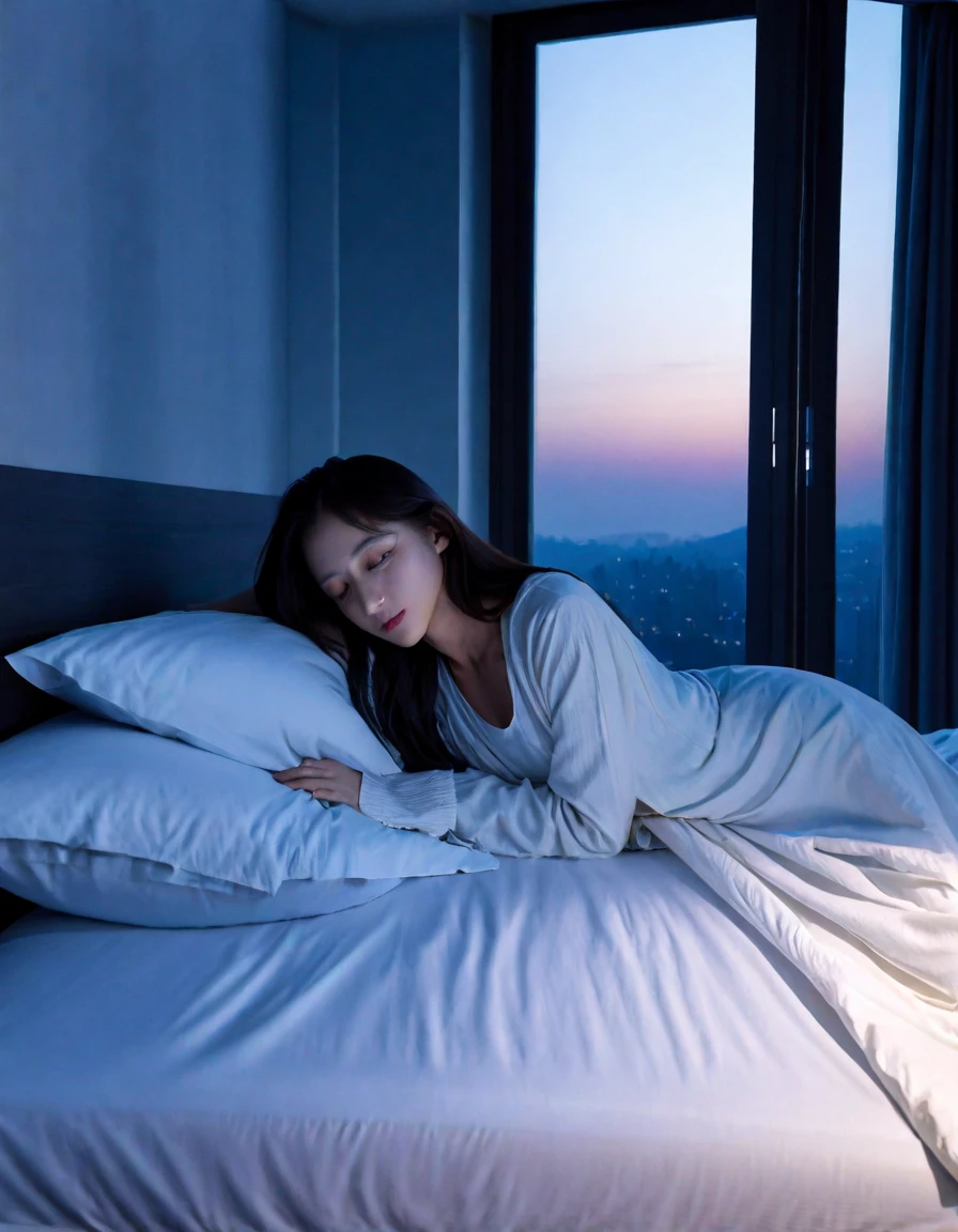 （high quality)  masterpiece, a dimly lit room before dawn, a beautiful young woman lying on the bed, faint light coming through the window