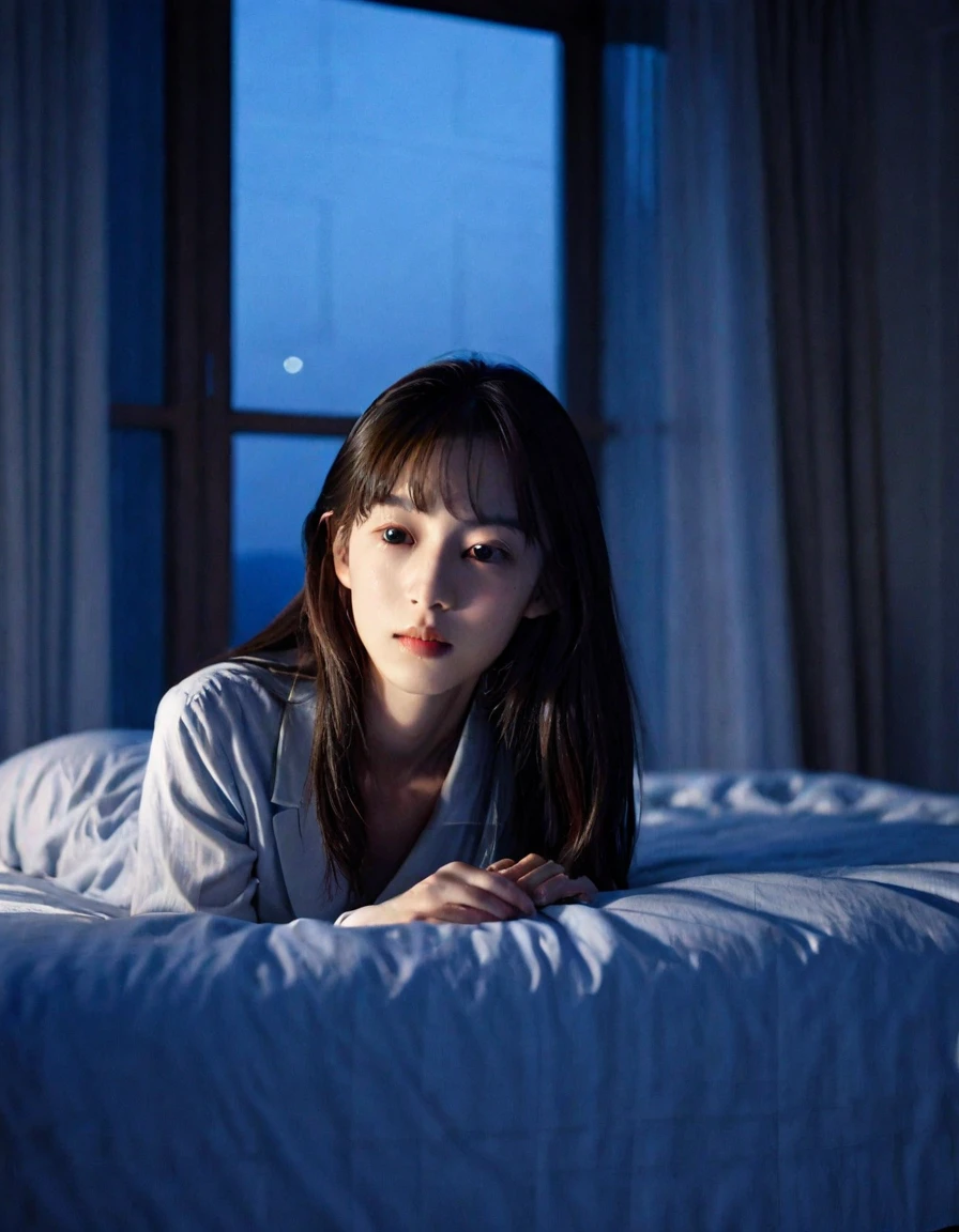 (high quality) masterpiece, a dimly lit room before dawn, a beautiful young woman lying on the bed, faint light coming through the window