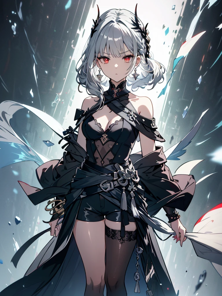 8k,High resolution RAW color art,Anime Art, (((Very detailed and cool))), Detailed skin, Blur、texture,(Exquisitely crafted, The finer details, Ultra-detailed art), (((1 girl))), Depth of written boundary, Silky Touch, Hyper Detail, (((Cool face))), eye shadow、Silver Marble Skin, Beautiful detailed red eyes, Beautiful lip detail, Very delicate face, Delicate depiction of hair and eyes, Detailed Fashion, Silver earrings,Silver Bracelet、Full body depiction, Black high neck off shoulder、(((Shoulder Bare)))、Black shorts、black waist cloak、black tights、 A little bit of grey hair, Straight Hair、Semi-long hair、(((Hair)))、water surface、silk clotheatte、Soft clothes