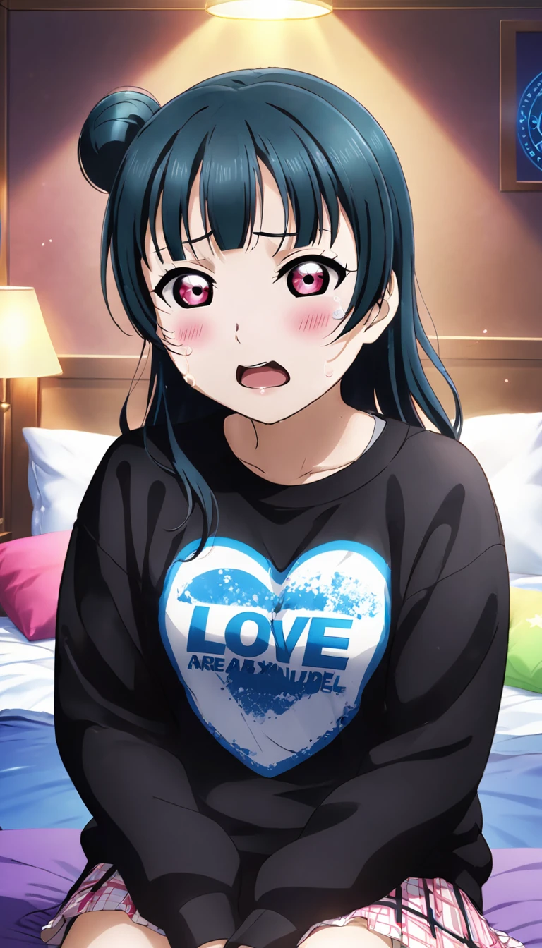 Create an illustration of Yoshiko Tsushima from "Love Live! Sunshine!!". She has long blue hair and red eyes. She's wearing a black sweatshirt, sitting on her bed in a dimly lit room with a fan, and crying intensely,One girl, Highest quality, far and near method, tears, Are crying, Anxious,Dark Room、Magic circle poster、Hugging a devil teddy bear、Long Hair