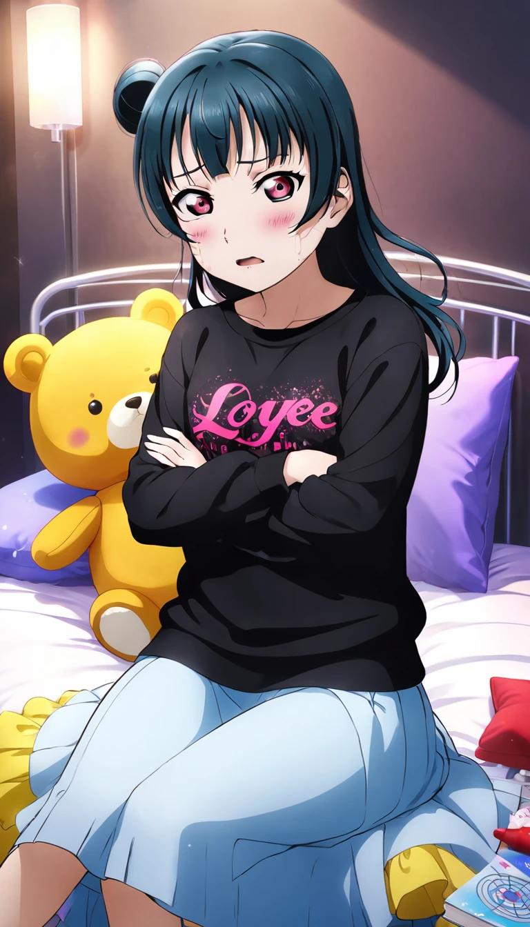 Create an illustration of Yoshiko Tsushima from "Love Live! Sunshine!!". She has long blue hair and red eyes. She's wearing a black sweatshirt, sitting on her bed in a dimly lit room with a fan, and crying intensely,One girl, Highest quality, far and near method, tears, Are crying, Anxious,Dark Room、Magic circle poster、Hugging a devil teddy bear、Long Hair