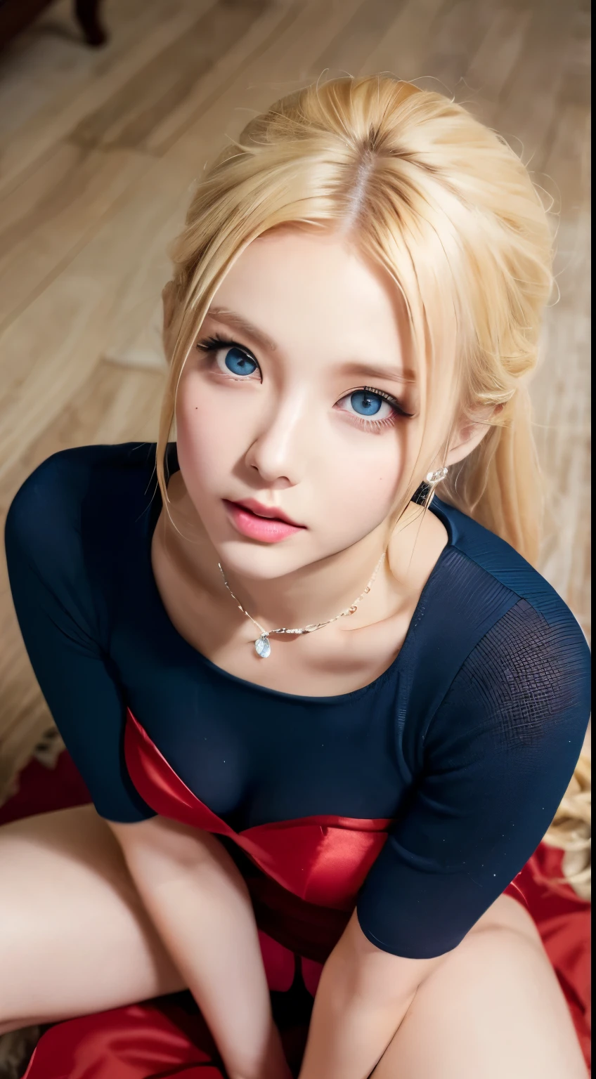 (So beautiful)、(Beautiful Face:2)、(detailed face:1.1)、(European:1.5)、(miss universe)、(She stood up:1.1)、open your legs,(red dress made of thick fabric:1.1)、(Turn up the hem of your dress:1.5)、(Show me your white panties:1.5)、(dressing:2)、high heel、(Wear heavy makeup,)、(blonde:1.4)、(blue eyes)、(thin:1.1)、Perfect Fingers、necklace、bracelet、Gyuru、on stage、angle from below,(Taken from the knees:1.2)、(In S.F.~ in.)
