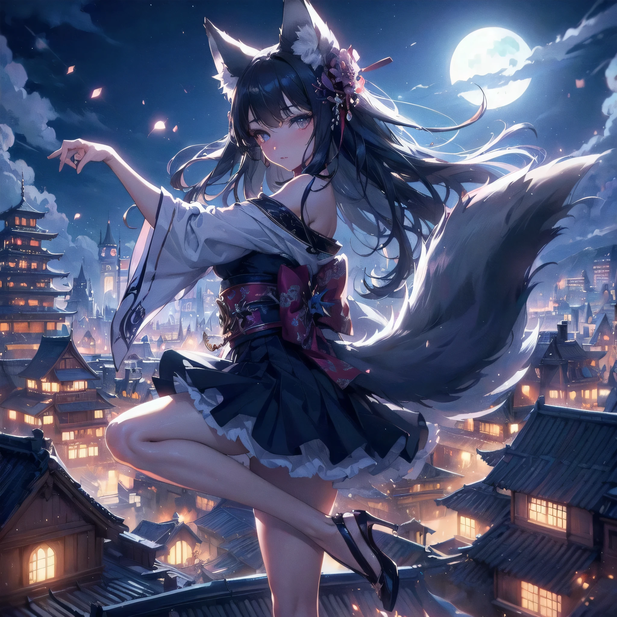 masterpiece, (textured skin), best quality, gorgeous beautiful, (a beautiful girl,wolf ears,wolf tail),detailed clothes,large breasts,narrow waist,, (beautiful face), cinematic lighting, (fantasy anime art ),