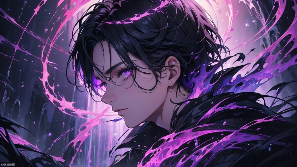 Paintings that express the essence of magic, Depicts a dark-haired man with purple eyes bathed in a waterfall of magical energy., Glowing particles fly around him, Short hair, masterpiece, Highest quality, Super detailed, figure, Concept art 8k resolution, Fantasy, Magnificent art, Concept Art Wallpaper 4K, Dark color, Natural light