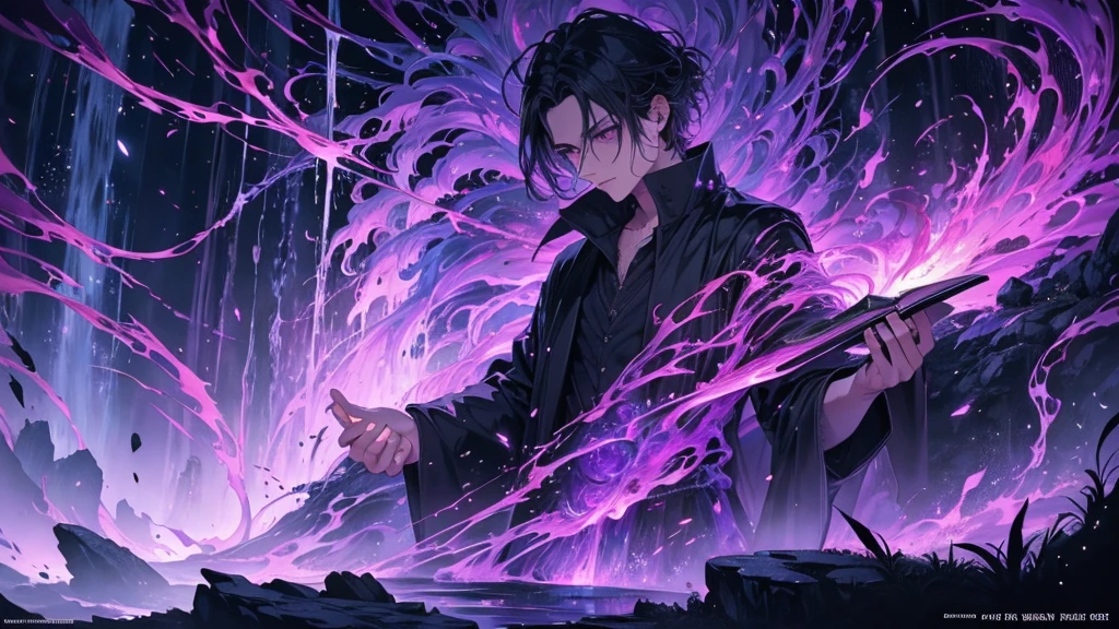 Paintings that express the essence of magic, Depicts a dark-haired man with purple eyes bathed in a waterfall of magical energy., Glowing particles fly around him, Short hair, masterpiece, Highest quality, Super detailed, figure, Concept art 8k resolution, Fantasy, Magnificent art, Concept Art Wallpaper 4K, Dark color, Natural light