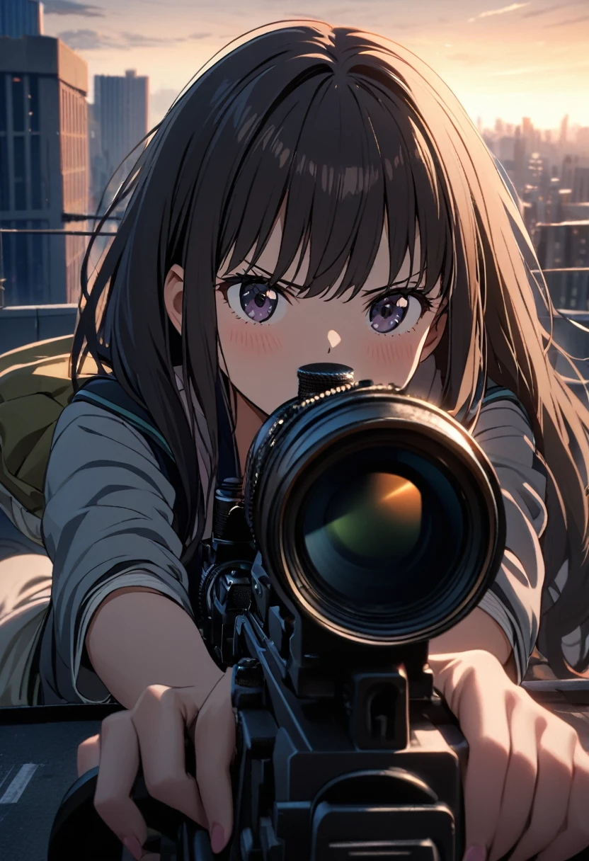 1girl, inoue takina, lycoris recoil, lying down on the rooftop of a building at dawn, with the first light of day breaking through the cityscape. She is holding a Dragunov sniper rifle, looking through the scope and aiming with a focused and determined posture. The cinematic lighting highlights her battle-worn appearance and defiant stance. The scene is a masterpiece of the highest quality with absurd resolution.