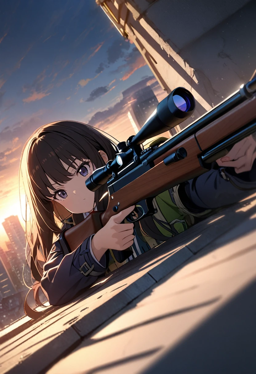 1girl, inoue takina, lycoris recoil, lying down on the rooftop of a building at dawn, with the first light of day breaking through the cityscape. She is holding a Dragunov sniper rifle, looking through the scope and aiming with a focused and determined posture. The cinematic lighting highlights her battle-worn appearance and defiant stance. The scene is a masterpiece of the highest quality with absurd resolution.
