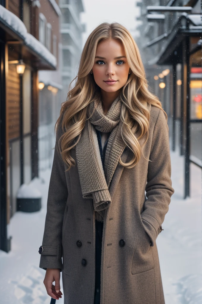 professional portrait photograph of a gorgeous Norwegian girl in winter clothing with long wavy blonde hair, sultry flirty look, gorgeous symmetrical face, cute natural makeup, wearing elegant warm winter fashion clothing, ((standing outside in snowy city street)), stunning modern urban environment, ultra realistic, concept art, elegant, highly detailed, intricate, sharp focus, depth of field, f/1. 8, 85mm, medium shot, mid shot, (((professionally color graded))), bright soft diffused light, (volumetric fog), trending on instagram, hdr 4k, 8k