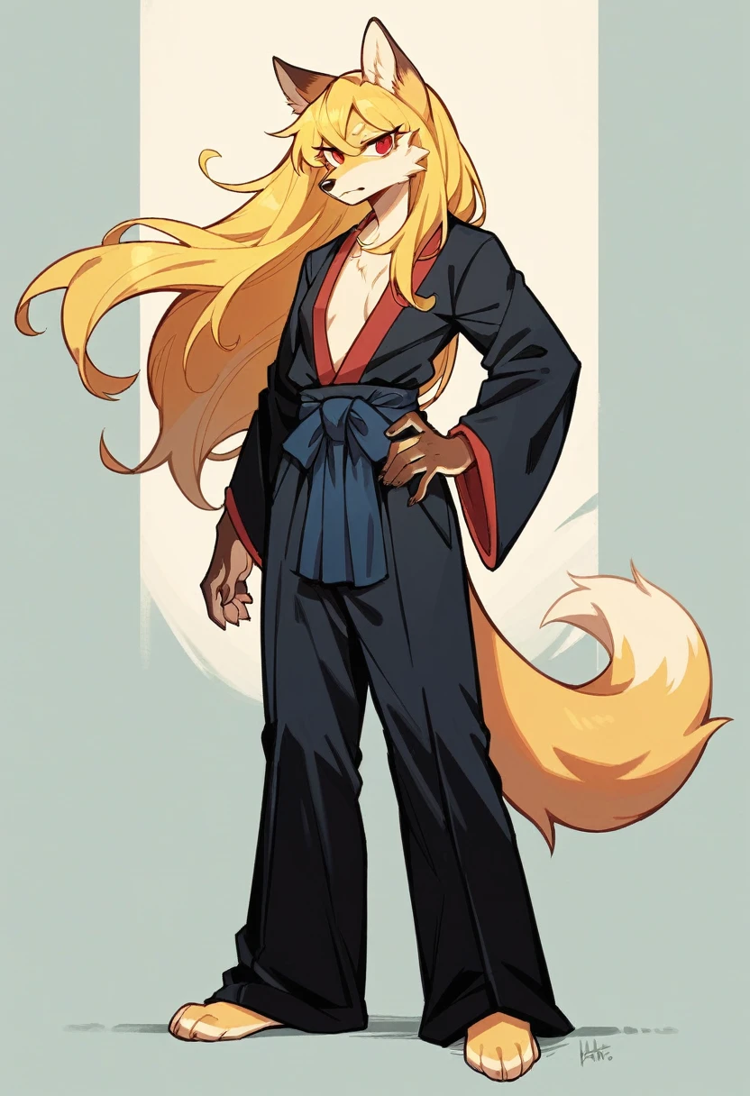 (full body,,The left hand is on the hip),((The right hand is out in front,Nine-tailed tail,,)),small breasts,Adult female fox, Furry, Golden fur, Golden facial fur, long golden hair, The hair on his hands is golden, Golden yellow hair on the back of the hand, Light-filled eyes, Red eyes, Brown elements of fur,Dark blue kimono,Dark blue hakama,Very fine fur, Fluffy tail,
