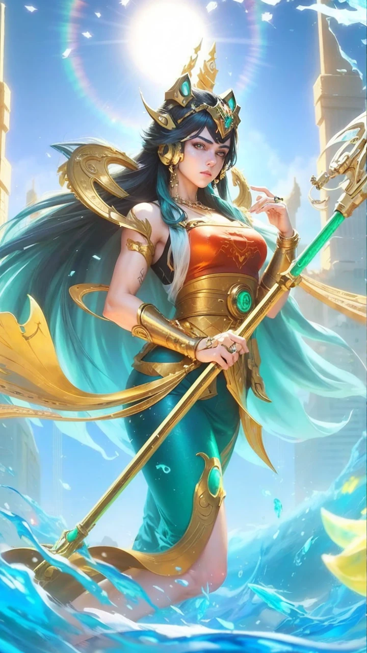 Woman with green dress, woman with very long hair, woman with blue spreading lightning and gold Trident spear, woman with gold Accessories on her head, woman with gold Accessories on her ear, woman with thic tight, woman with pink lipstick, woman with beautiful eyes, woman with beautiful face, blue ocean background, woman with thic armpit