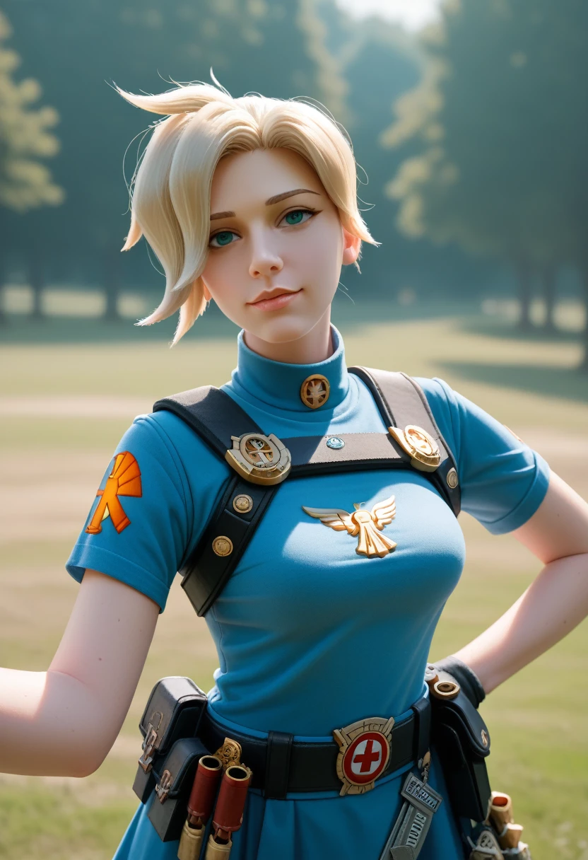 best quality, masterpiece, Eye Reflection, best quality, masterpiece, mercy Eye Reflection, Solitary, Sculpted perfect body, Blonde,Overwatch Mercy Hairstyle, Green Eyes, Two arms, Tomb Raider style collar clothing, Utility belt, Solitary, Command Room, 8K, masterpiece, high resolution, absurd, Natural volumetric lighting and optimal shadows, Deep Depth of Field, Clear focus, Naughty face, Super delicious, Medium breasts, Elements of Warhammer 40k, Ultra-detailed scenery, goddess