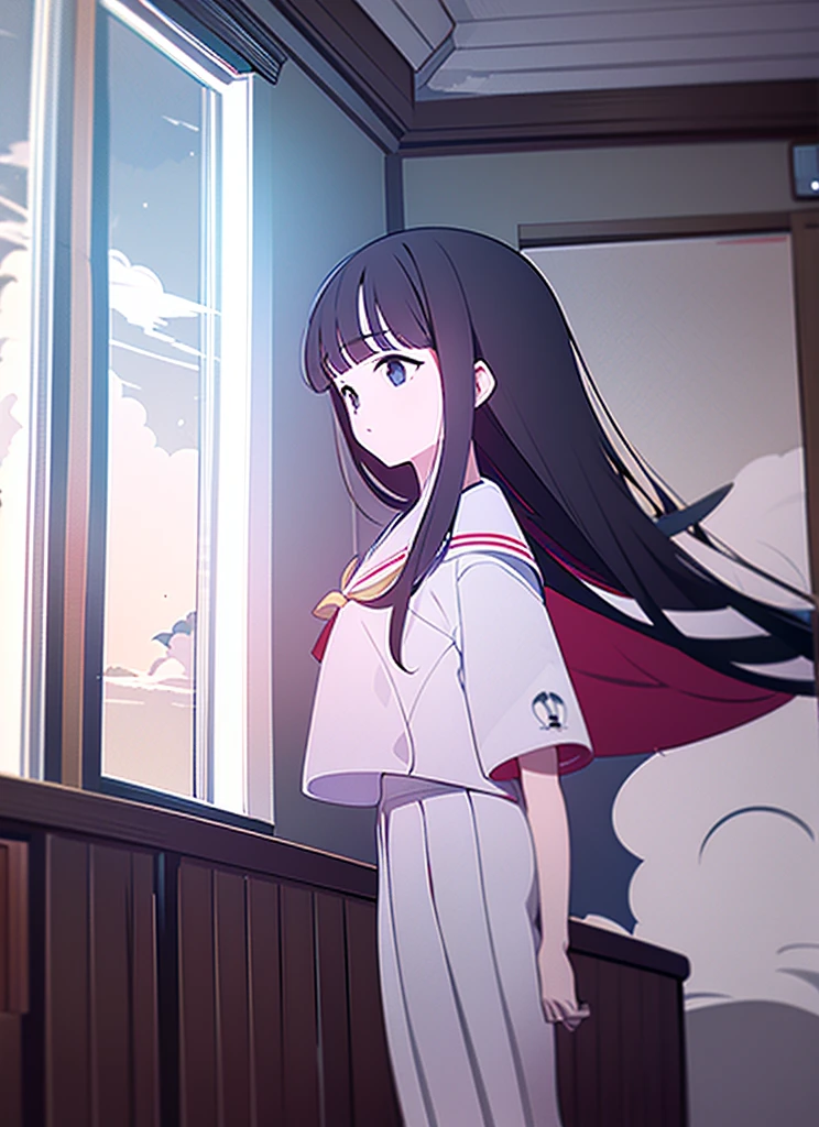 1girl, Living Room, Sailor suit, short sleeve, Cumulonimbus, buzzer, Window, long hair, blunt bangs, black hair, masterpiece, snapshot, The wind is blowing