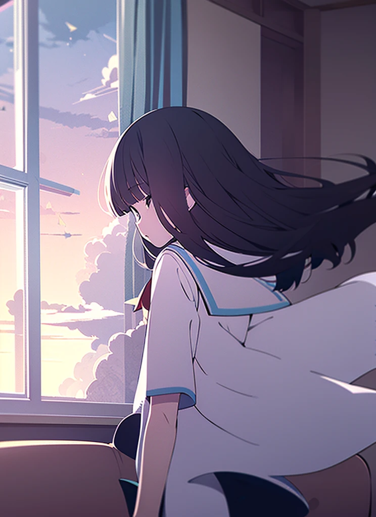 1girl, Living Room, Sailor suit, short sleeve, Cumulonimbus, buzzer, Window, long hair, blunt bangs, black hair, masterpiece, snapshot, The wind is blowing
