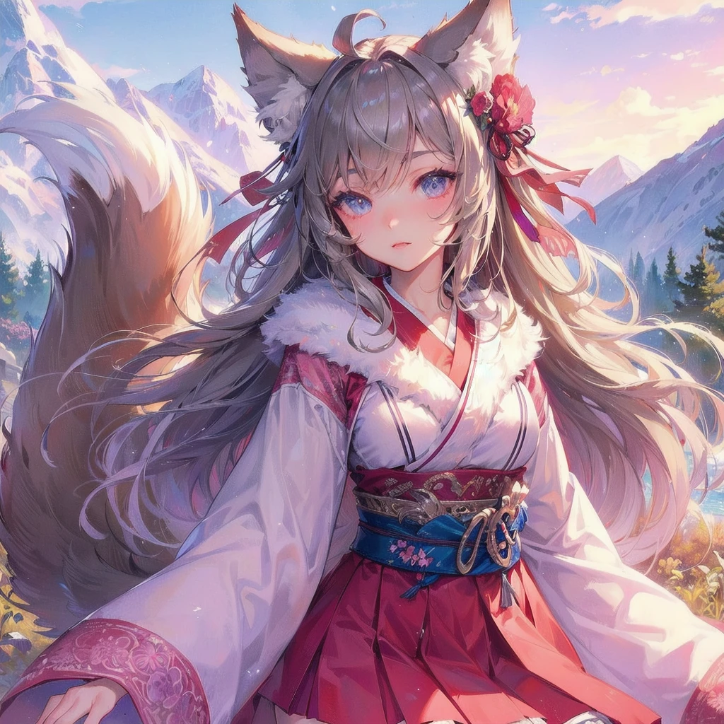  masterpiece, (textured skin), best quality, gorgeous beautiful, (a beautiful girl,wolf ears,wolf tail),detailed clothes,large breasts,narrow waist,, (beautiful face), cinematic lighting, (fantasy anime art ),