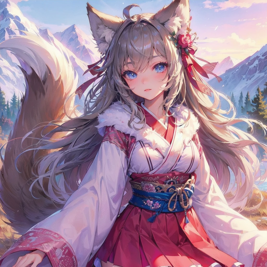 masterpiece, (textured skin), best quality, gorgeous beautiful, (a beautiful girl,wolf ears,wolf tail),detailed clothes,large breasts,narrow waist,, (beautiful face), cinematic lighting, (fantasy anime art ),