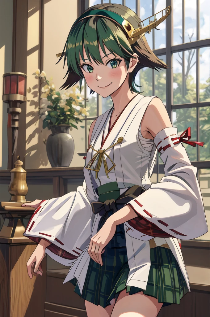 Highest quality, masterpiece, High resolution, alone, (Hiei Kaisan_Fleet Collection), オレンジ色hair, hairband, headgear, Non-traditional_Shrine maiden, smile, green_eye, Inverted up_hair, smile, One Girl, dependent_sleeve, green_skirt, Plaid, Plaid_skirt, ribbon-trimmed_sleeve, ribbon_trim, skirt, (indoor, office, living room), 