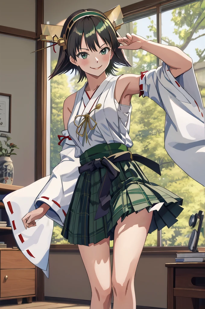 Highest quality, masterpiece, High resolution, alone, (Hiei Kaisan_Fleet Collection), オレンジ色hair, hairband, headgear, Non-traditional_Shrine maiden, smile, green_eye, Inverted up_hair, smile, One Girl, dependent_sleeve, green_skirt, Plaid, Plaid_skirt, ribbon-trimmed_sleeve, ribbon_trim, skirt, (indoor, office, living room), 