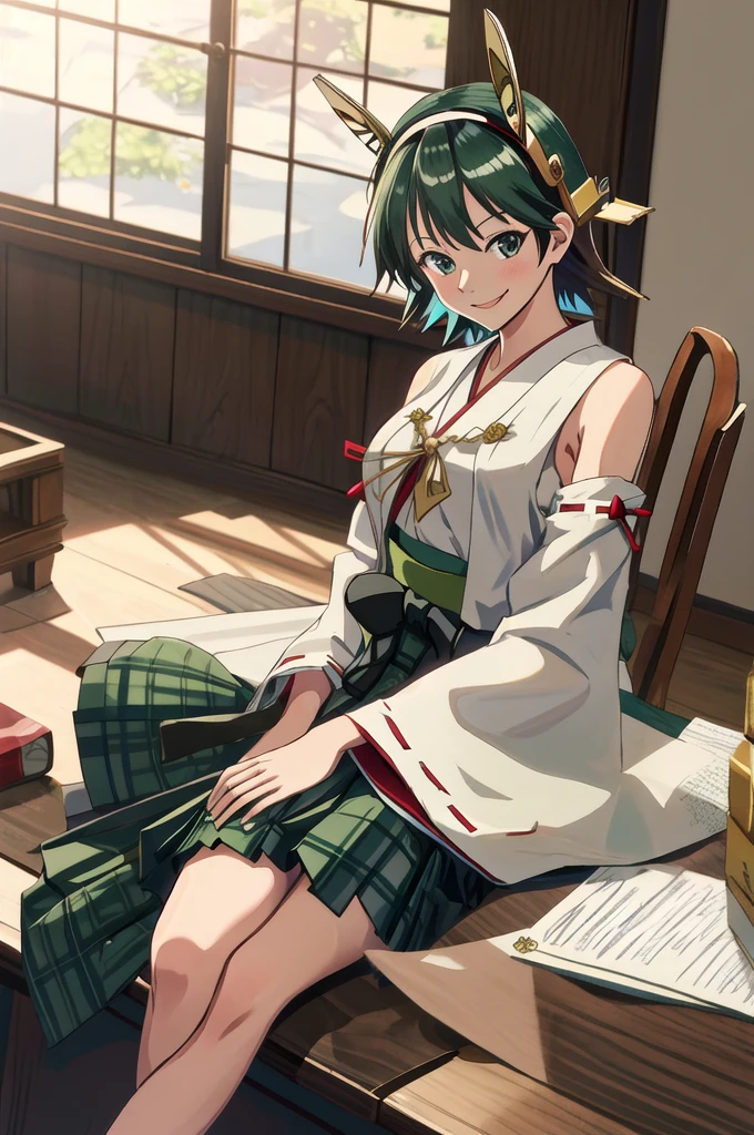 Highest quality, masterpiece, High resolution, alone, (Hiei Kaisan_Fleet Collection), オレンジ色hair, hairband, headgear, Non-traditional_Shrine maiden, smile, green_eye, Inverted up_hair, smile, One Girl, dependent_sleeve, green_skirt, Plaid, Plaid_skirt, ribbon-trimmed_sleeve, ribbon_trim, skirt, (indoor, office, living room), 