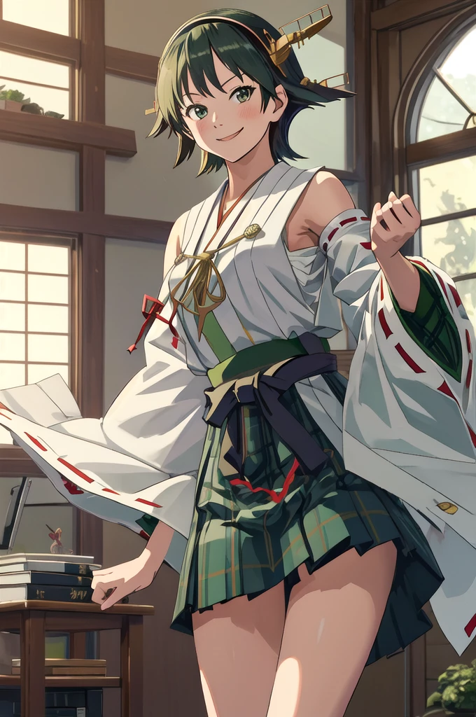 Highest quality, masterpiece, High resolution, alone, (Hiei Kaisan_Fleet Collection), オレンジ色hair, hairband, headgear, Non-traditional_Shrine maiden, smile, green_eye, Inverted up_hair, smile, One Girl, dependent_sleeve, green_skirt, Plaid, Plaid_skirt, ribbon-trimmed_sleeve, ribbon_trim, skirt, (indoor, office, living room), 