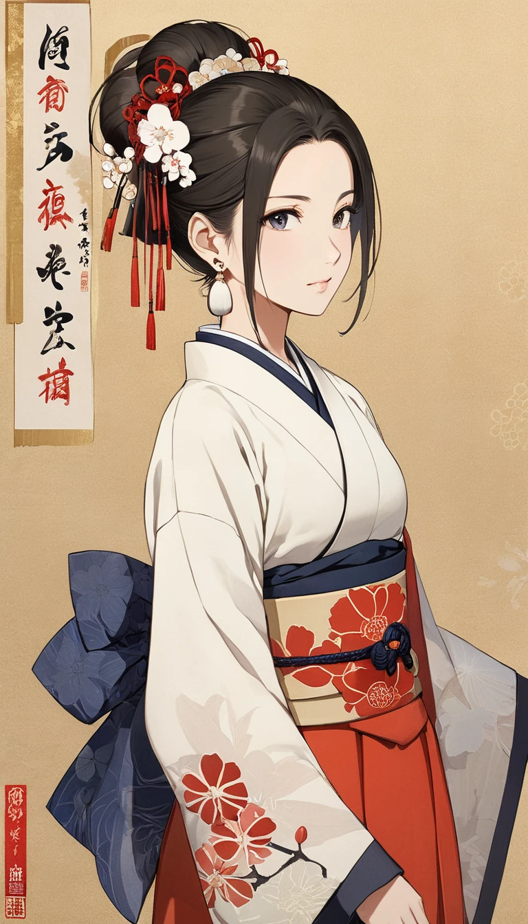 (masterpiece, Highest quality:1.2), One girl, alone,bony body、15 years old、Earrings、Edo Period、Hanafuda style