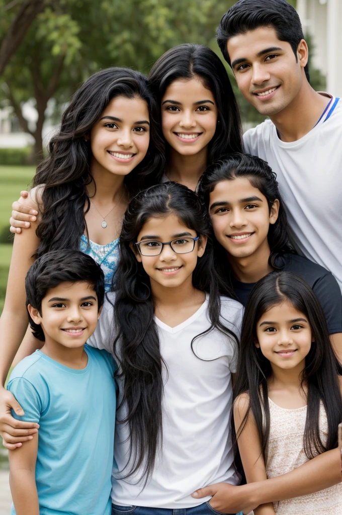 Drawing of Hispanic family 5 members: dad with glasses and wavy hair, mom white skin straight black hair, oldest son teenager, a girl with wavy hair a girl with straight hair