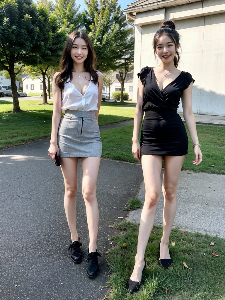 Show entire body, feet in view, (8k, RAW Photo, Best Quality, Masterpiece,: 1.2), (Realistic, Realistic: 1.37), (1 Girl, Solo Exhibition: 1.3), Office Girl 24 years old Japanese girl, short skirt, sheer black pantyhose, huge , she isn’t wearing shoes, standing in a field, exposed cleavage, public park, smiling