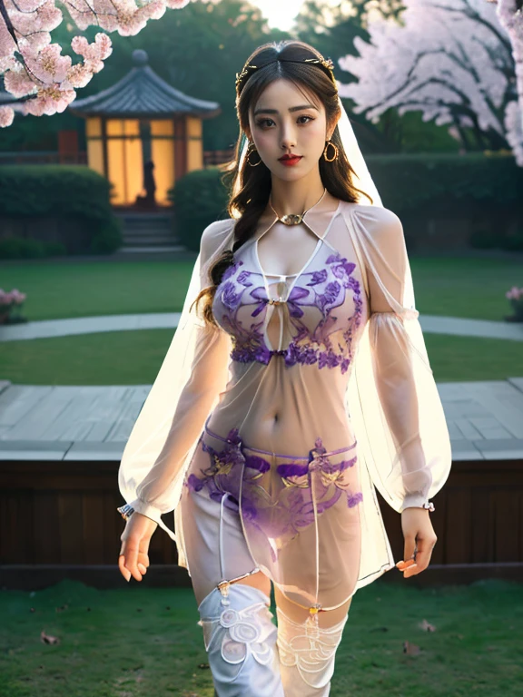 A Chinese female model, (weather:night), (weather:rain), (background:Room), (8K Ultra HD, Digital SLR Camera, Soft Light, high quality, Volumetric Lighting, frank, photo, high resolution, 4K, 8K, Bokeh), ((Create stunning images of real girls), warm light, Dynamic poses, Elegant Posture, Cowboy lens, Full body front view, From the front，Be confident, Body facing the camera, Standing facing the camera, Open your legs slightly, Golden Ratio Graphics, Minimalism), (Show a charming smile, Willow Leaf Eyebrows, big eyes, Apricot eye prick, Cherry Blossom, Balanced Eyes, Oval face, Pretty Face, Normal facial features, Skin is transparent and visible, Thin skin and tender meat, Slim body, cosmetic, earrings, bracelet, necklace, Jewelry, veil, Hair accessories, Headdress), (Brown hair, Wavy curly hairstyle, Waist-length hair, Messy Hairstyle, Gradient hairstyles, Cyberpunk hairstyle), ((Transparent clothes：2.5), (The color of the clothes:Purple), Transparent Clothes, See-through clothes, Transparent Clothes, Tulle clothes, Mesh clothes, Flowing clothes, Lace micro-transparent underwear), (Sexy, Perfect breast shape, Teardrop chest shape, Snow-white breasts, very detailed breasts, 34E cup), (Super high waist clothes, Hollow clothes,(Camel toe, High fork strangulation)), (Black socks, Knee socks, 吊garter, Leg ring, garter, 腿部garter)