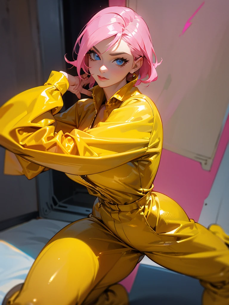 a mature woman , pose de heroi, pink shiny hair, blue bright eyes, wearing a mustard yellow jumpsuit. pose de heroi, 35 year old