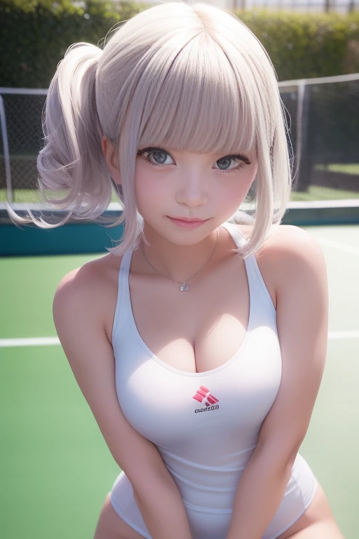 Tennis Wear、A girl playing tennis、Bob Hair、Silver Hair、Medium breast、Slender body、masterpiece:1.3、Highest quality、Raw photo、Anatomically correct limbs、Tennis court、