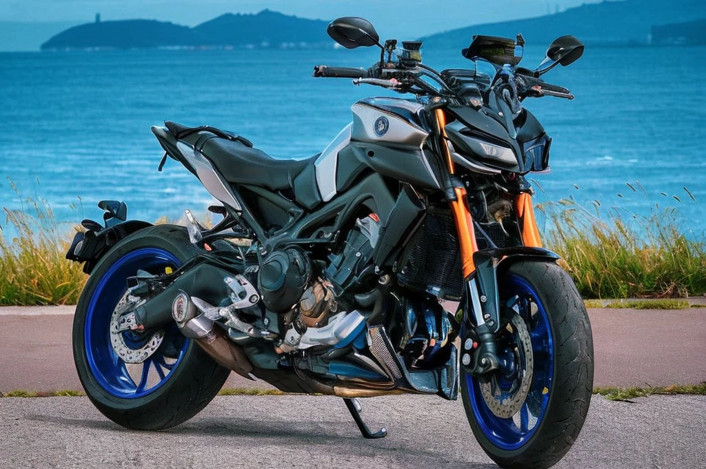 A picture of a cool guy riding a Yamaha MT09SP bike。Men wearing leather jacketodern buildings and the night view of the city are in the background.。Highlights the details of the bike and the cool look of the man。