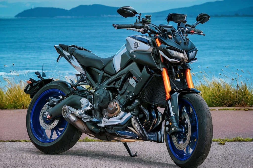 A picture of a cool guy riding a Yamaha MT09SP bike。Men wearing leather jacketodern buildings and the night view of the city are in the background.。Highlights the details of the bike and the cool look of the man。