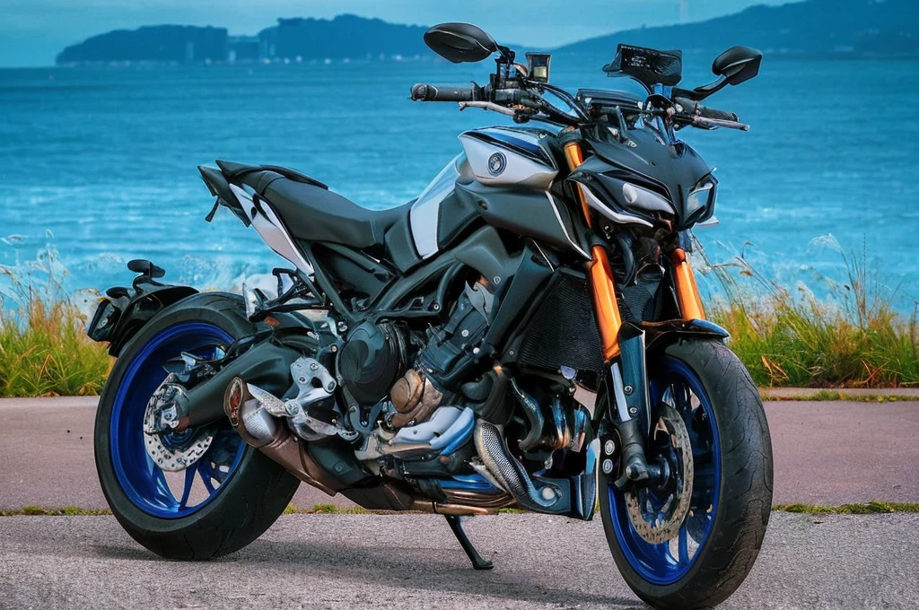 A picture of a cool guy riding a Yamaha MT09SP bike。Men wearing leather jacketodern buildings and the night view of the city are in the background.。Highlights the details of the bike and the cool look of the man。