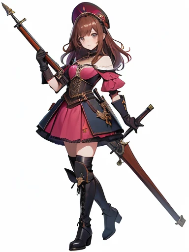 Imagine a girl in full body,  standing, with her legs open,  Tender smile, sharp teeth, Fangs,  mischievous look, medium breasts, long brown hair,  blue almond eyes, holding a 17th century musket ( rifle) and wearing a short pink dress, leather corset, leather breastplate, Leather heel boots, leather gloves, in an anime style, inspired by genshin impact. With great 4k quality, well detailed, simple white background