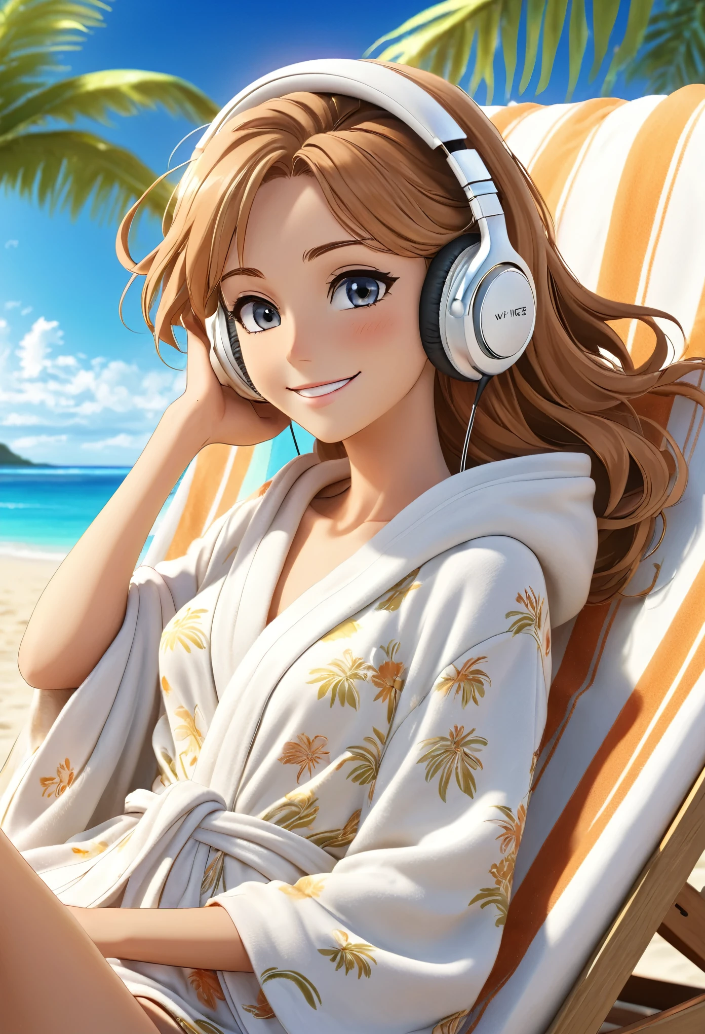128k Bluray Extreme UHD 4K high quality image of anime At a beautiful summer resort, a woman is reclining on a sunbed. She is wearing headphones and listening to music, dressed in a Beach robes cardigan. She looks at me with a radiant smile