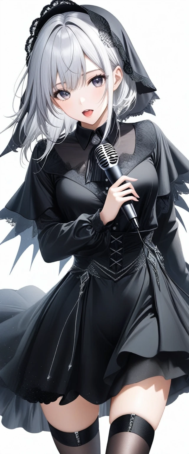 (((White background:1.5)))、(((A Scandinavian gothic metal girl singing with a microphone in both hands and an open mouth:1.5)))),(The entire subject is captured),(((full body:1.2))),(very wide shot)、(((masterpiece、Ultra HD、Highest quality、Masterpiece、４K:1.5)))、Slender body、(Look at the viewer with an intense gaze), Highly detailed eyes, Highly detailed fingers、Black short hair、(T-shirt on top、Shorts underneath), Wearing high heels、Dynamic pose,singing coolly、