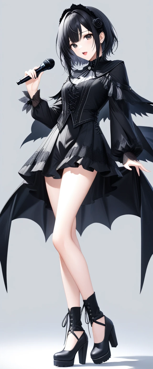 (((White background:1.5)))、(((A Scandinavian gothic metal girl singing with a microphone in both hands and an open mouth:1.5)))),(The entire subject is captured),(((full body:1.2))),(very wide shot)、(((masterpiece、Ultra HD、Highest quality、Masterpiece、4K:1.5)))、Slender body、(Look at the viewer with an intense gaze), Highly detailed eyes, Highly detailed fingers、Black short hair、(T-shirt on top、Shorts underneath), Wearing high heels、Dynamic pose,singing coolly、