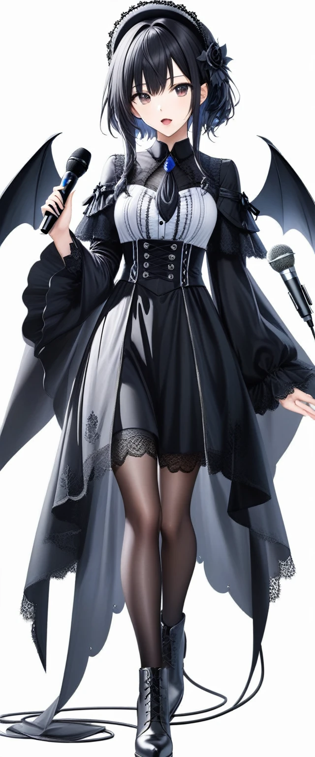 (((White background:1.5)))、(((A Scandinavian gothic metal girl singing with a microphone in both hands and an open mouth:1.5)))),(The entire subject is captured),(((full body:1.2))),(very wide shot)、(((masterpiece、Ultra HD、Highest quality、Masterpiece、4K:1.5)))、Slender body、(Look at the viewer with an intense gaze), Highly detailed eyes, Highly detailed fingers、Black short hair、(T-shirt on top、Shorts underneath), Wearing high heels、Dynamic pose,singing coolly、