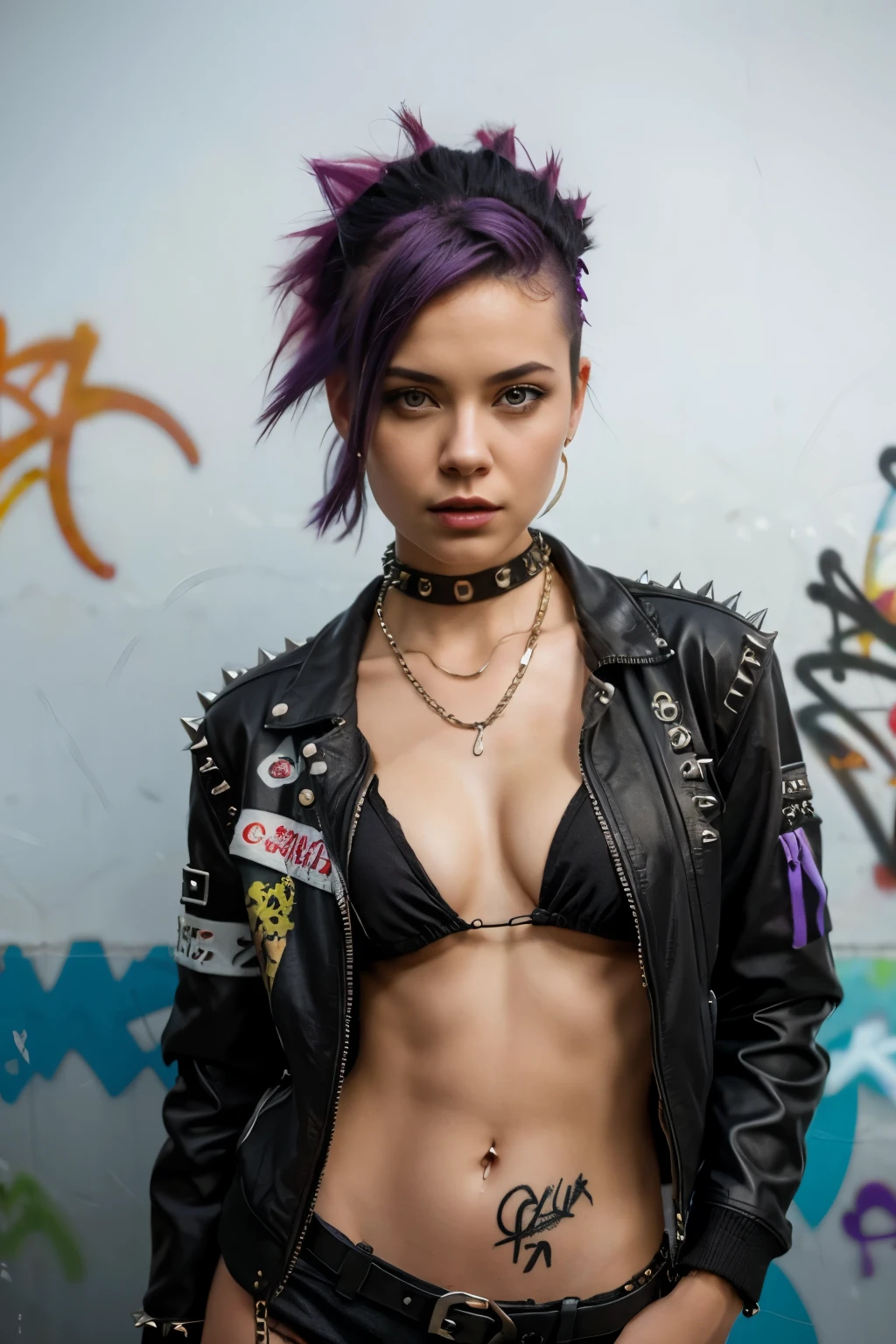 (Artwork, best quality:1.2), 1 girl ,intrincately detailed, "Punk Girl", in dynamic pose, ((spiky mohawk hair, purple punk hair, wearing a black jacket, chains, Rocket style, tatuados , hot body, abdomen)) . Shallow depth of field, vignette, highy detailed, high budget, bokeh, cinemascope, temperamental, epic, marvelous, film grain, grainy. ((Abandoned Graffiti Wall Background)).