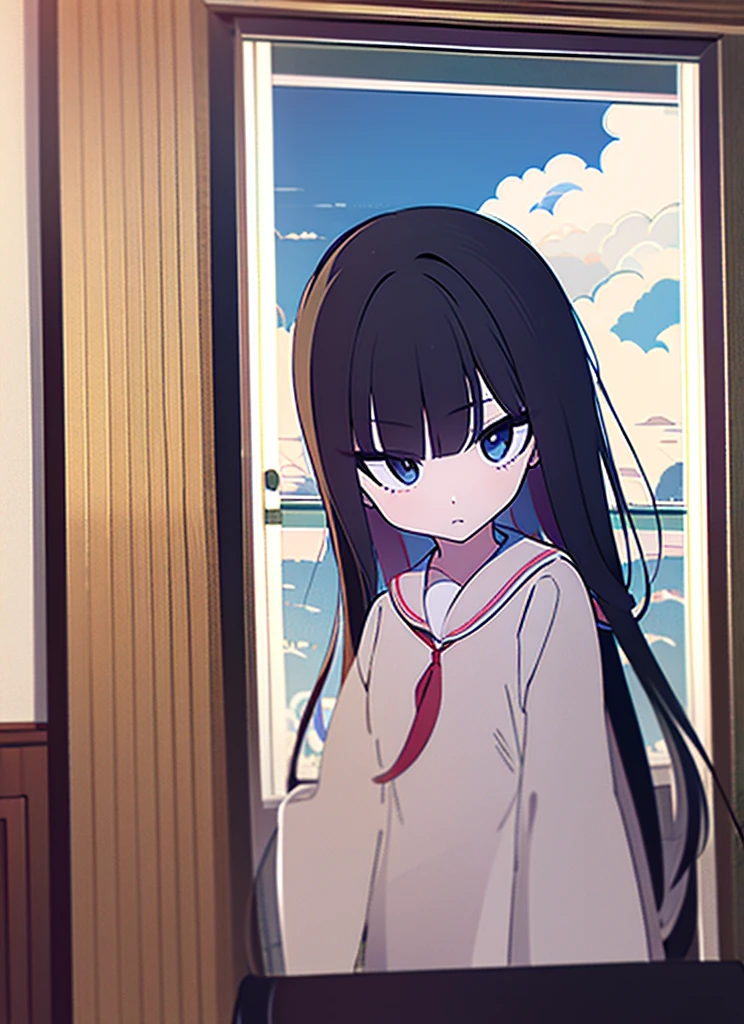 1girl, Living Room, Sailor suit, short sleeve, Cumulonimbus, buzzer, Window, long hair, blunt bangs, black hair, masterpiece, snapshot, The wind is blowing