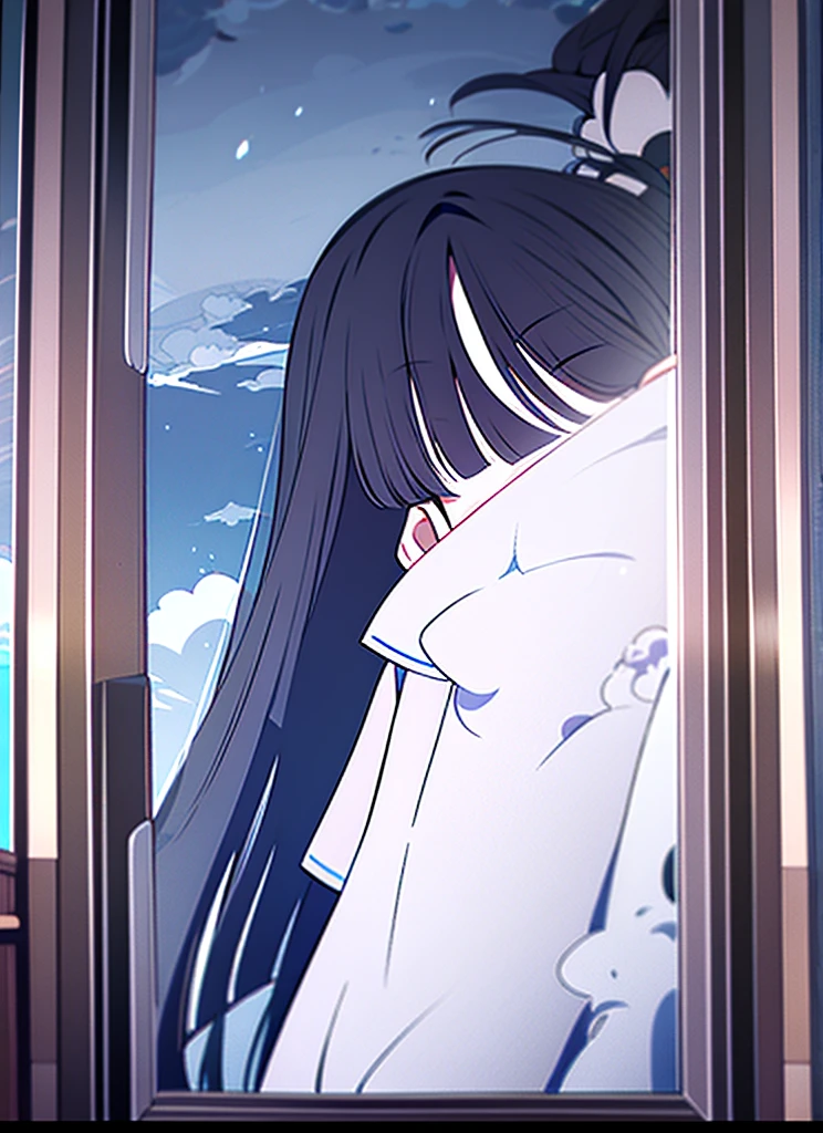 1girl, Living Room, Sailor suit, short sleeve, Cumulonimbus, buzzer, Window, long hair, blunt bangs, black hair, masterpiece, snapshot, The wind is blowing