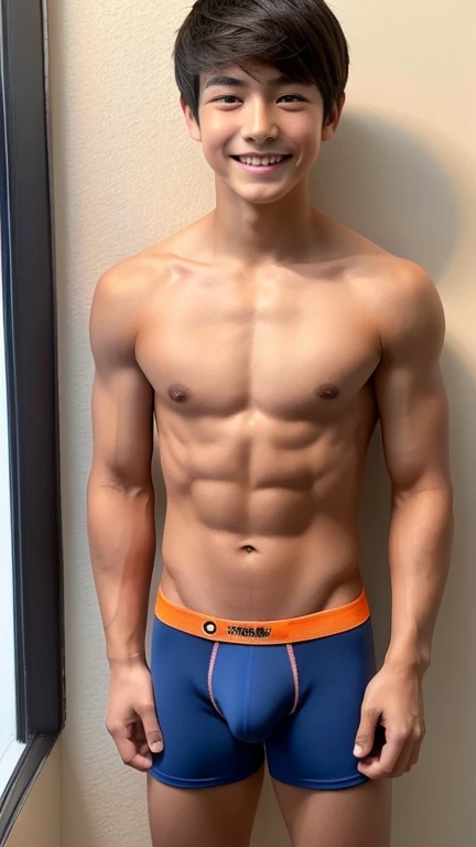 Japanese men、、Muscles and smooth skin、Very short black hair、A relaxed and friendly smile、Showing off his thin orange boxer briefs、The whole body is well visible、Pumping one&#39;s fist in a tiny bathroom、Laughing with mouth open、