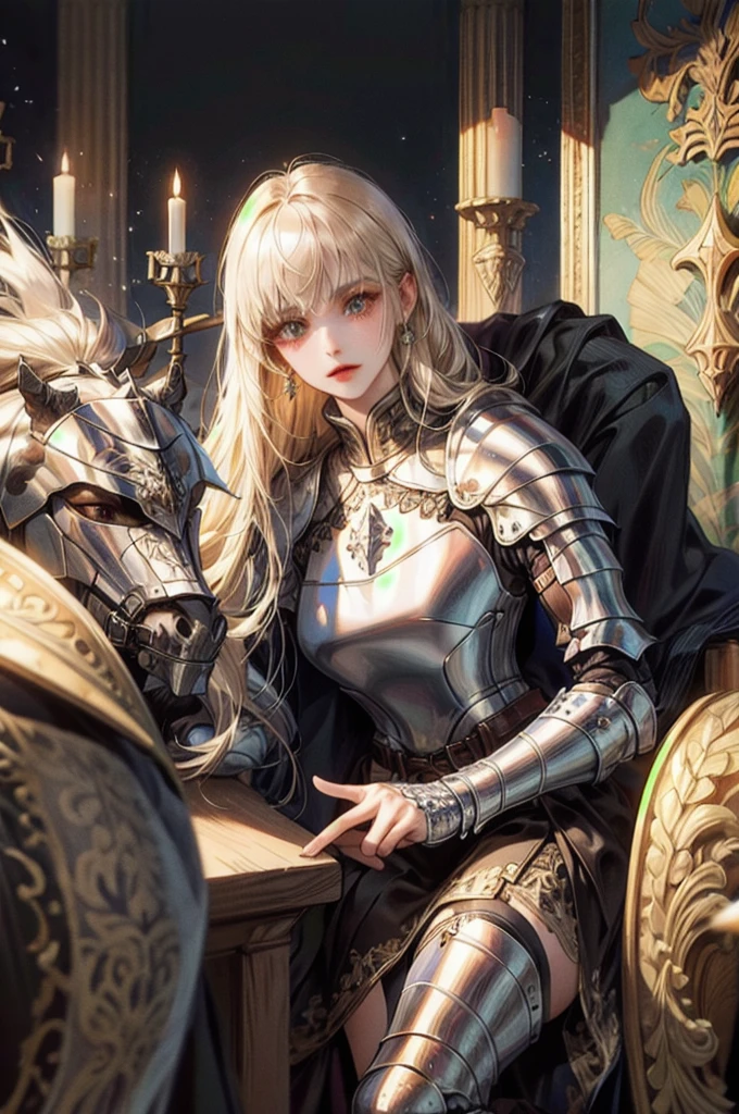 ((highest quality)),(Ultra-high resolution),(Very detailed),(Detailed Description),((The best CG)),(A masterpiece),Ultra-precise art,amazing drawing art,(Fantasy art with intricate detail:1.5), (female knight:1.5),(Intricately detailed armor:1.3), Black Kote:1.2,Red chest:1.4, Explosive Desire, Soaring female angel
