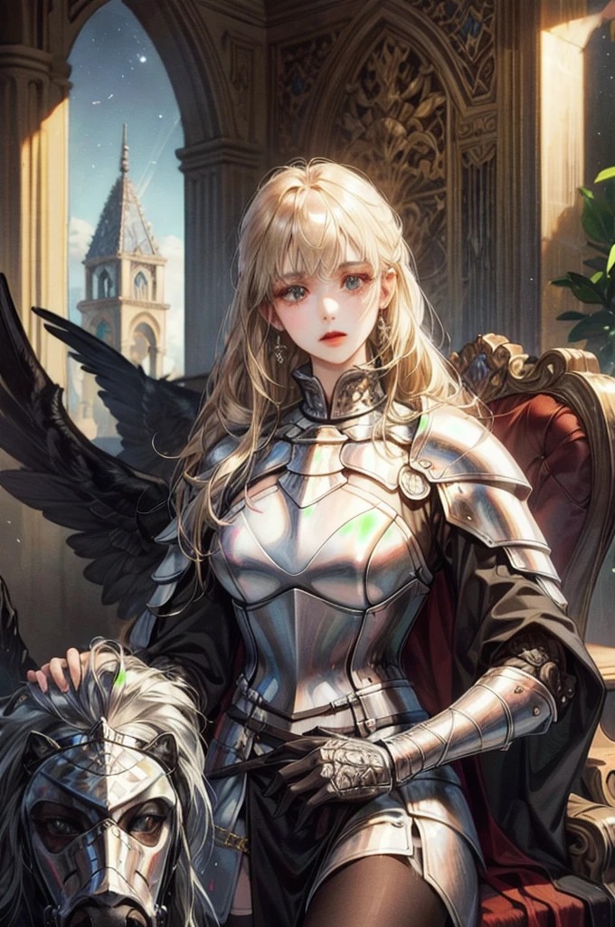 ((highest quality)),(Ultra-high resolution),(Very detailed),(Detailed Description),((The best CG)),(A masterpiece),Ultra-precise art,amazing drawing art,(Fantasy art with intricate detail:1.5), (female knight:1.5),(Intricately detailed armor:1.3), Black Kote:1.2,Red chest:1.4, Explosive Desire, Soaring female angel