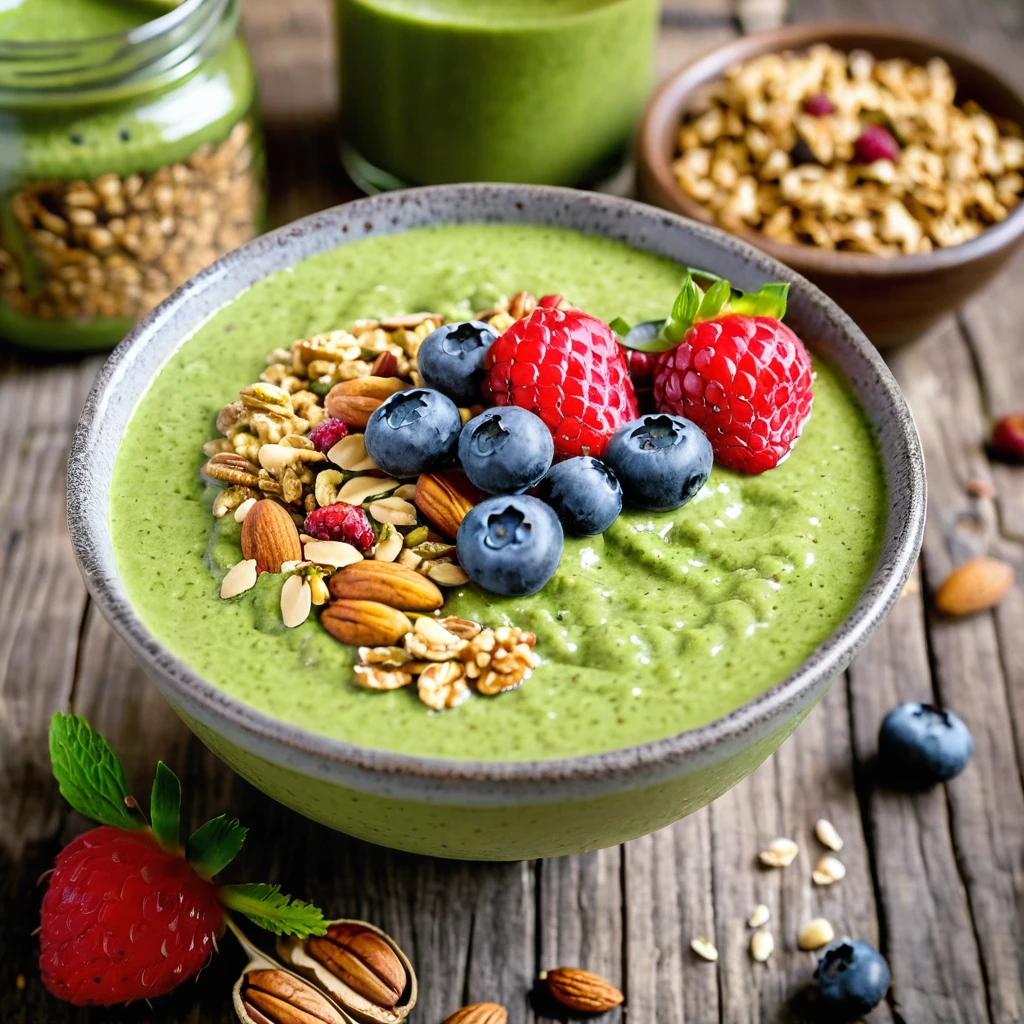 bowl of matcha green tea smoothie with fresh berries, nuts and oat granola  for healthy breakfast ,rustic  wooden background