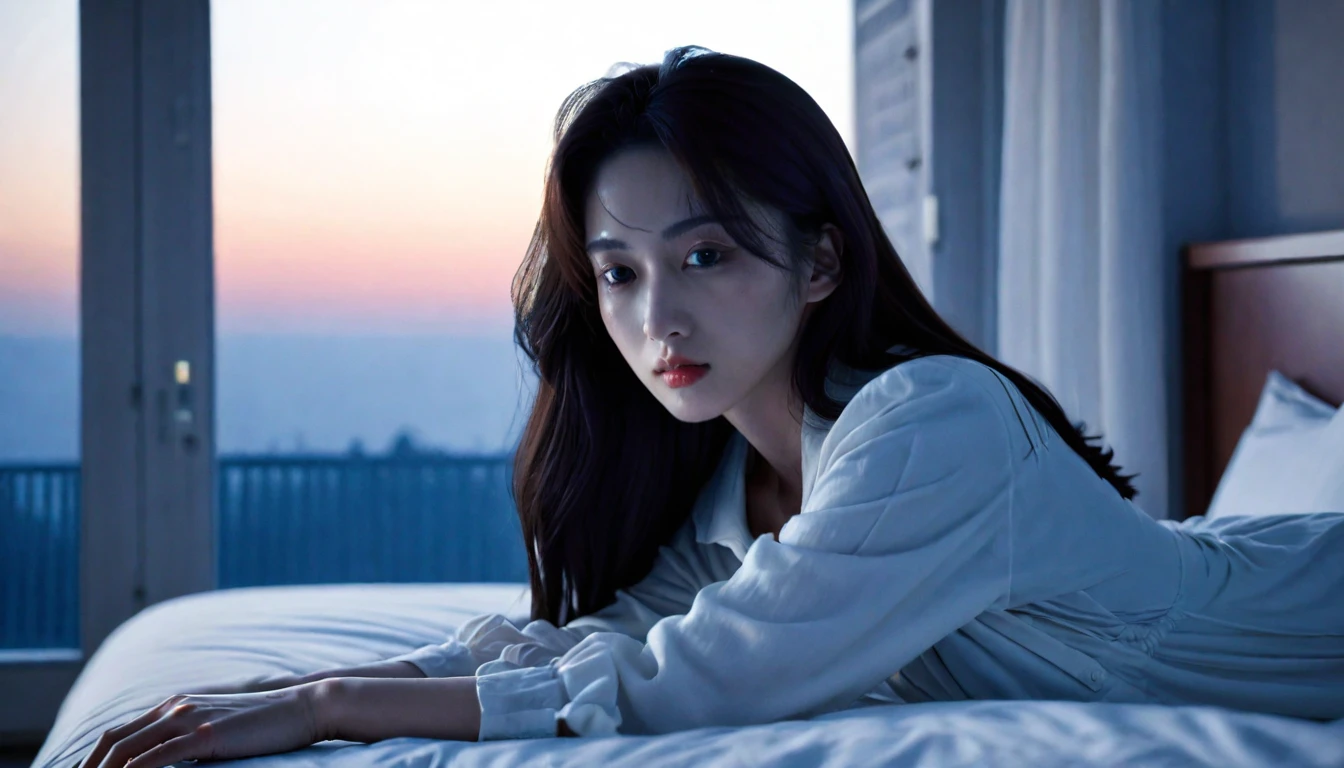 (high quality) masterpiece, a dimly lit room before dawn, a beautiful young woman lying on the bed, faint light coming through the window