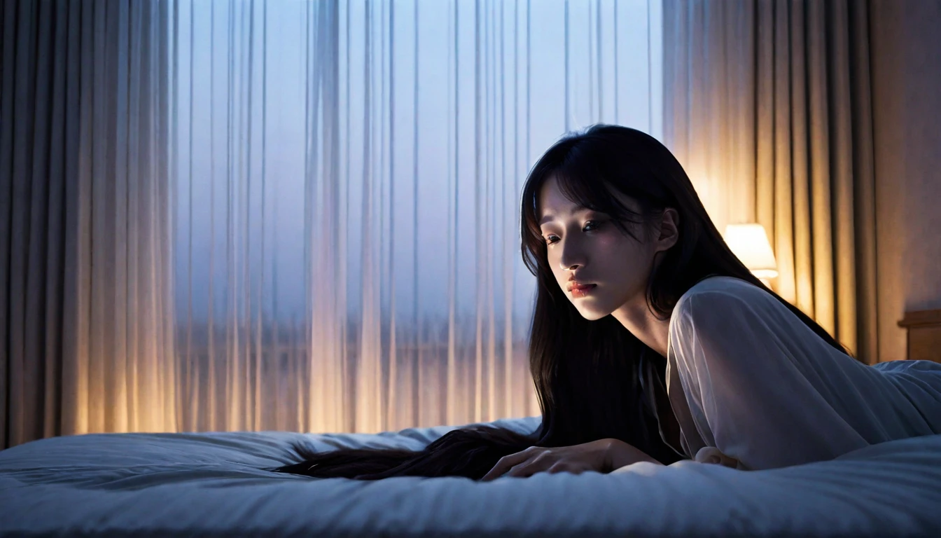 "A woman aged 25 to 30, sitting on a bed in a room, In the corner of the screen. She is clearly anxious, with a worried expression on his face. The camera is very close, focusing on your anxious eyes and your restless hands. The soft light in the room illuminates your face, highlighting your tension."